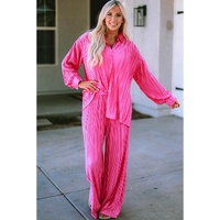 Rose Pleated Long Sleeve Shirt and Wide-Leg Pants Set - XL thumbnail