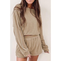 Azura Exchange Khaki Piping Trim Long Sleeve Terry Shorts Set - M thumbnail