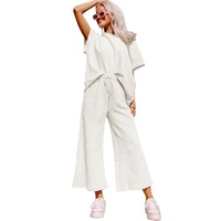 Bright White Textured Loose Fit T Shirt and Drawstring Pants Set - S thumbnail