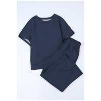 Navy Blue Textured Loose Fit T Shirt and Drawstring Pants Set - M thumbnail
