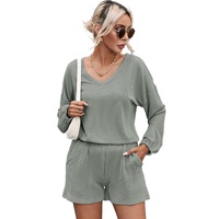 Grass Green Corded V Neck Slouchy Top Pocketed Shorts Set - XL thumbnail
