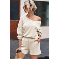 Beige Corded V Neck Slouchy Top Pocketed Shorts Set - L thumbnail