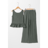 Duffel Green Solid Color Ribbed Ruffle Tank Top and Pants Set - M thumbnail