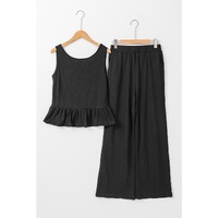Black Solid Color Ribbed Ruffle Tank Top and Pants Set - XL thumbnail