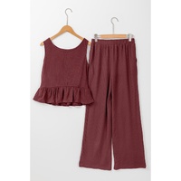 Red Dahlia Solid Color Ribbed Ruffle Tank Top and Pants Set - L thumbnail