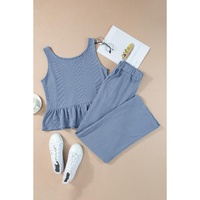 Beau Blue Solid Color Ribbed Ruffle Tank Top and Pants Set - S thumbnail