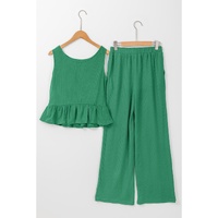 Green Solid Color Ribbed Ruffle Tank Top and Pants Set - M thumbnail