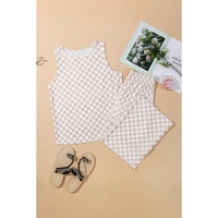 White Ribbed Texture Checkered Print 2pcs Tank and Pants Set - L thumbnail
