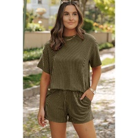 Jungle Green Ribbed Textured Knit Loose Fit Tee and Shorts Set - M thumbnail