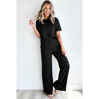 Black Solid Color T Shirt 2pcs Wide Leg Pants Set - S thumbnail