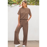 Smoke Gray Solid Color T Shirt 2pcs Wide Leg Pants Set - L thumbnail