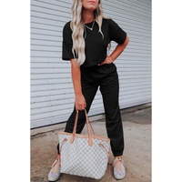 Black Lattice Textured Cropped Tee and Jogger Pants Set - L thumbnail