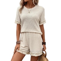 Beige Fringe Trim Textured Short Two Piece Set - XL thumbnail