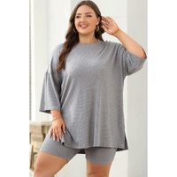 Light Grey Solid Color Loose Tunic Top and Slim Shorts Set - 2XL thumbnail