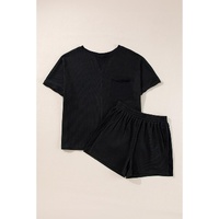 Black Waffle Knit Oversize Tee and Shorts Set - S thumbnail