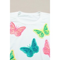 White Colorful Sequin Butterfly Puff Sleeve Top Shorts Set - S thumbnail