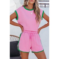 Pink Contrast Trim Cable Textured Shorts Set - L thumbnail