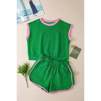 Green Contrast Trim Cable Textured Shorts Set - XL thumbnail