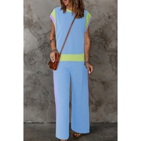 Sky Blue Color Block Detail Casual Two-piece Outfit - M thumbnail