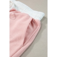 Light Pink Contrast Trim Ruffled Top and Drawstring Shorts Set - L thumbnail