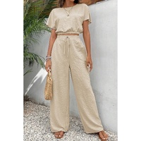 Beige Crinkled Elastic Hem Crop Tee and Wide Leg Pants Set - L thumbnail