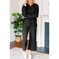 Black Solid Textured Collared V Neck Top and Wide Leg Pants Set - S thumbnail