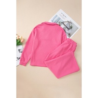 Bonbon Solid Textured Collared V Neck Top and Wide Leg Pants Set - L thumbnail