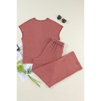 Mineral Red Solid Color Corded Short Sleeve Top and Casual Pants Set - M thumbnail