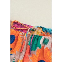 Orange Floral Printed Shirt Two Piece Drawstring Shorts Set - XL thumbnail