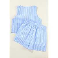 Sky Blue Stripe V Neck Bowknot Crop Tank and Shorts Set - XL thumbnail