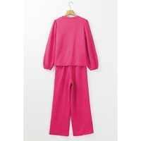 Rose Red Textured Puff Sleeve Top and Pants Set - S thumbnail