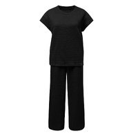 Black Solid Color Textured Short Sleeve Top and Casual Pants Set - S thumbnail