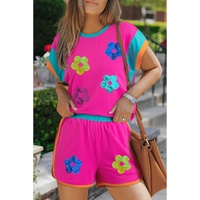 Rose Red Sequined Flower Graphic Colorblock 2 Piece Shorts Set - XL thumbnail