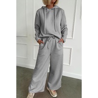 Gray Solid Color Drawstring Hoodie and Wide Leg Pants Set - S thumbnail