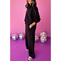 Black Zipper Stand Neck Top and Wide Leg Pants Set - XL thumbnail