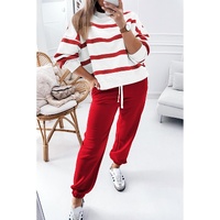 Red Stripe Drop Shoulder Pullover and Jogger Pants Set - L thumbnail