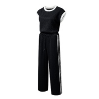 Black Cable Knit Contrast Trim Short Sleeve Top and Pants Set - L thumbnail