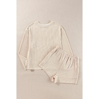 Parchment Corded Knit Long Sleeve Top and High Waist Shorts Set - XL thumbnail