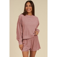Blossom Checkered Textured Long Sleeve Top and Shorts Set - M thumbnail