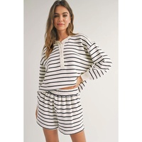 Black white Stripes Printed Half Button Long Sleeve Top and Shorts Set - L thumbnail
