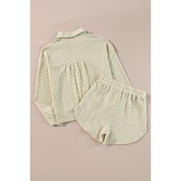 Parchment Textured Buttoned Long Sleeve Top 2 Piece Shorts Set - M thumbnail
