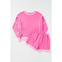 Sachet Pink High Low Patchwork Long Sleeve Top and Shorts Set - L thumbnail