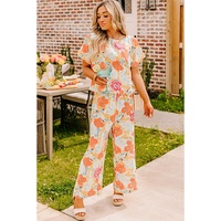 Orange Vibrant Floral Printed Short Sleeve Top 2 Piece Pants Set - S thumbnail