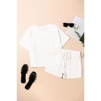 Jet Stream Textured Patched Pocket Short Sleeve Top Drawstring Shorts Set - L thumbnail