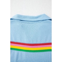 Sky Blue Rainbow Colorblock Collared Short Sleeve Top 2 Piece Shorts Set - M thumbnail