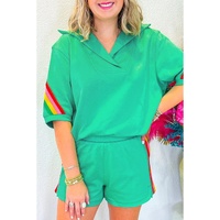 Sea Green Rainbow Colorblock Collared Short Sleeve Top 2 Piece Shorts Set - XL thumbnail