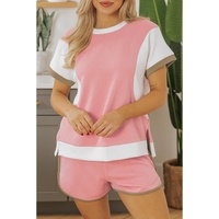 Pink Textured Colorblock Patchwork Tee Two Piece Shorts Set - L thumbnail