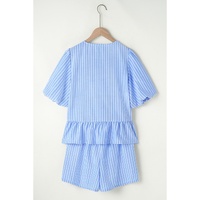Sky Blue Striped Bowknot Detail Puffy Sleeve Top and Shorts 2Pcs Set - L thumbnail