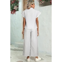 Gray Stripe Zipped up Collar Ruffled Sleeve Tee and Wide Leg Pants 2pcs Outfit - L thumbnail