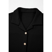 Black Solid Color Textured Buttoned Shirt and Casual Pants Set - XL thumbnail